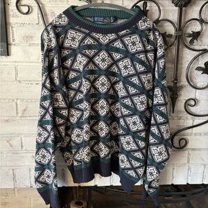 American Weekend 1980/90’s Men's Crewneck Sweater - Navy, Green, and White Sz L